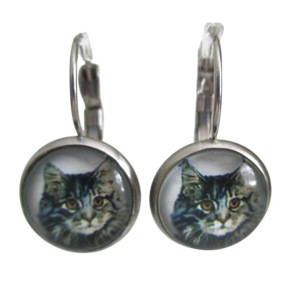 New Tabby Cat Earrings on Stainless Lever Back Hooks - Cat Jewelry - Gift Boxed - Picture 1 of 5